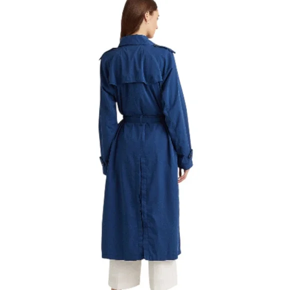 LAUREN RALPH LAUREN Women Trench Coat 18 Blue Cotton Belted Double Breasted - Picture 2 of 11